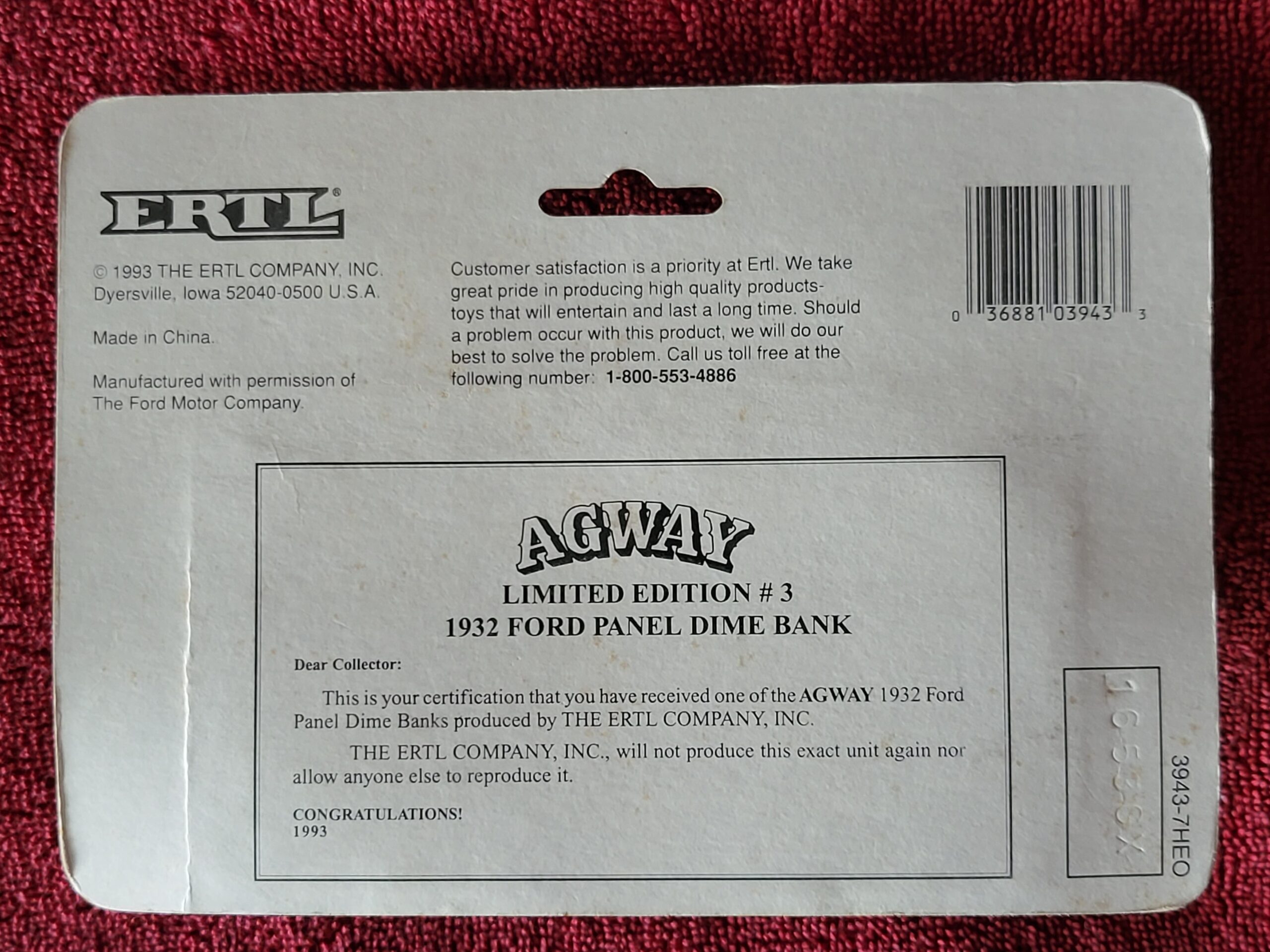 1932 Ford Panel Dime Bank AGWAY 1993 ERTL Limited Edition #3 New - Image 2