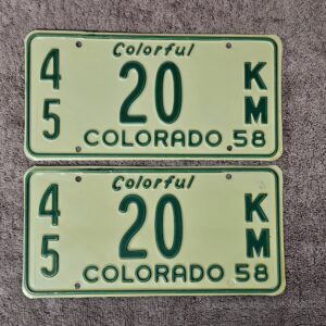 1958 Colorado License Plate Pair #20 KM Low Number Original NOS
