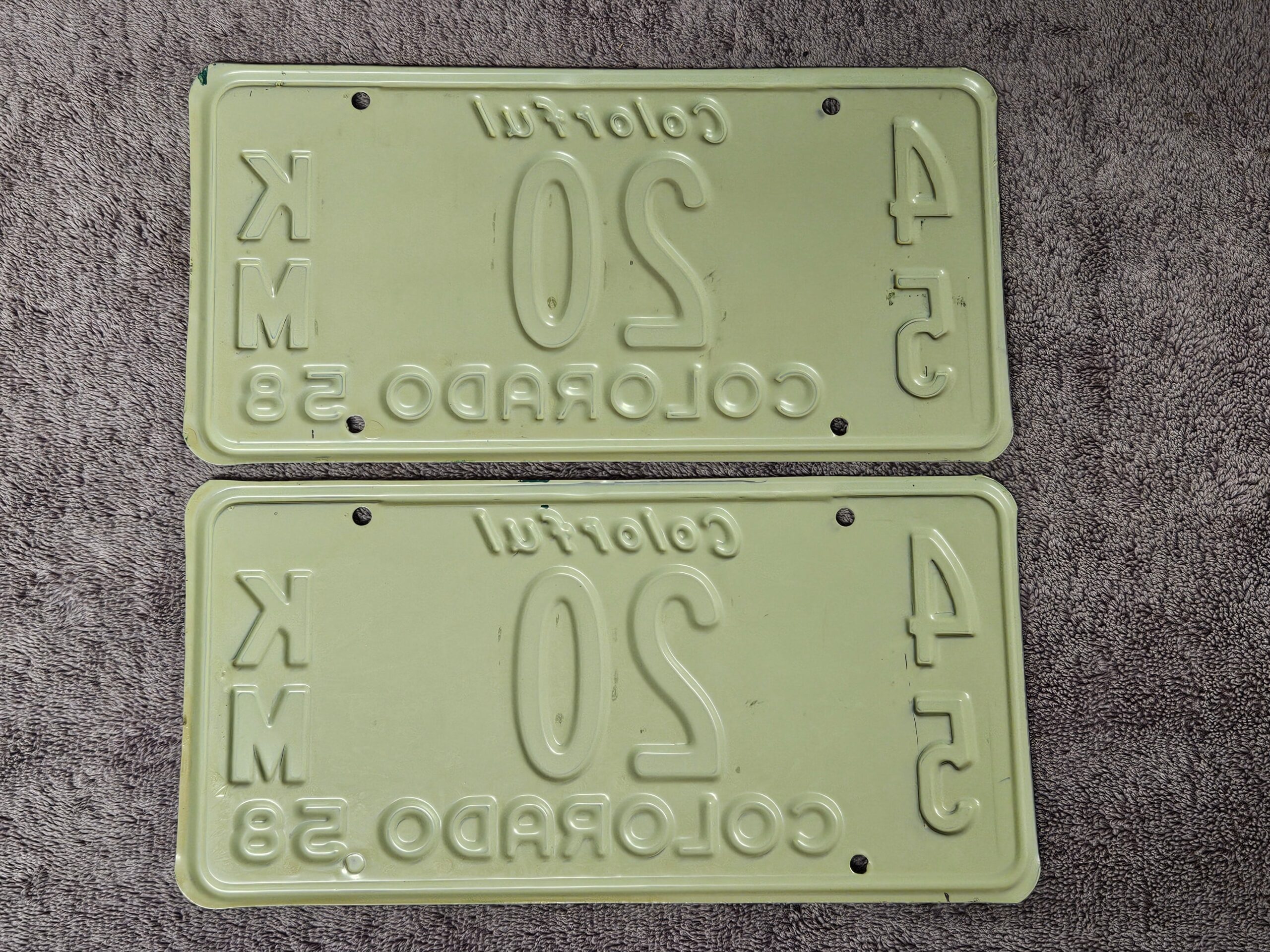1958 Colorado License Plate Pair #20 KM Low Number Original NOS - Image 2